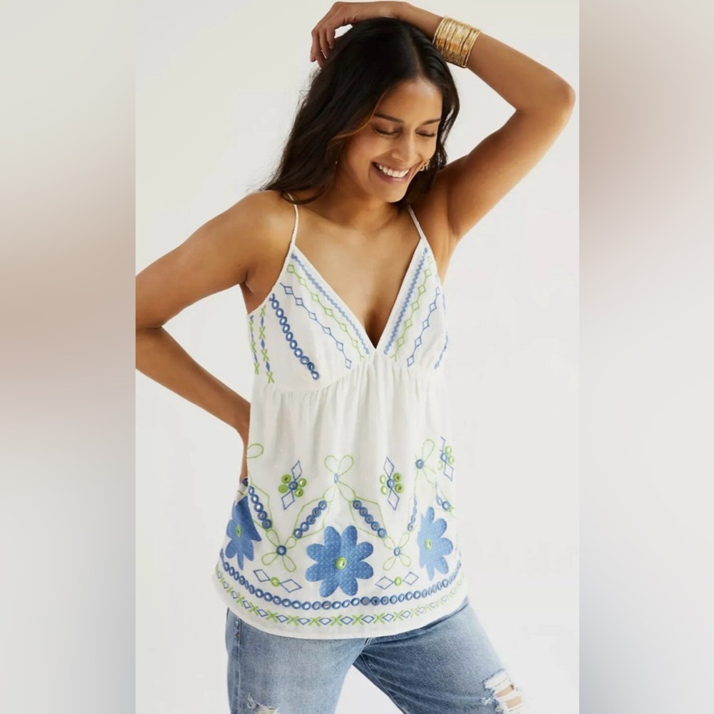 Elegant Embroidered Camisole in White and Blue